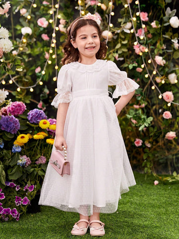Young Girl's Gorgeous Romantic Lace Embellished Net Yarn Dress With Large Bowknot Back Design