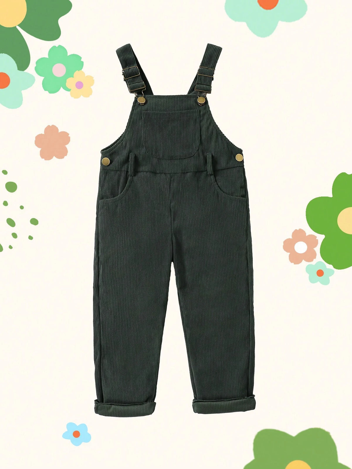 Young Girls Green Corduroy Jumpsuit, Casual & Fashionable All-Match, Suitable For Autumn And Winter