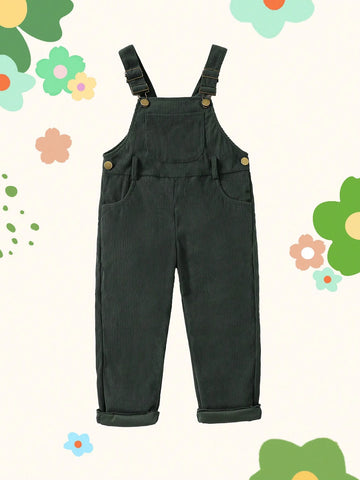 Young Girls Green Corduroy Jumpsuit, Casual & Fashionable All-Match, Suitable For Autumn And Winter