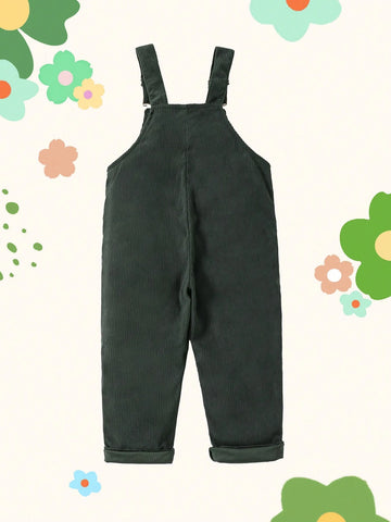 Young Girls Green Corduroy Jumpsuit, Casual & Fashionable All-Match, Suitable For Autumn And Winter