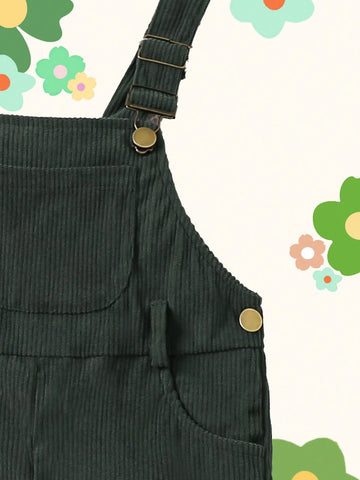 Young Girls Green Corduroy Jumpsuit, Casual & Fashionable All-Match, Suitable For Autumn And Winter