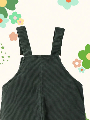 Young Girls Green Corduroy Jumpsuit, Casual & Fashionable All-Match, Suitable For Autumn And Winter