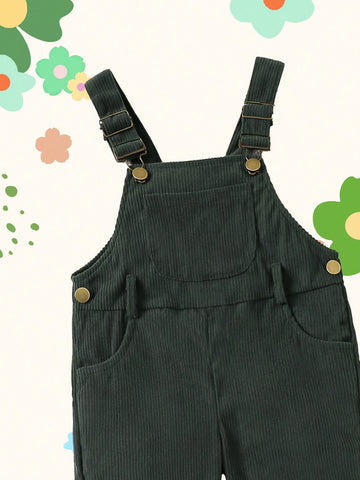 Young Girls Green Corduroy Jumpsuit, Casual & Fashionable All-Match, Suitable For Autumn And Winter
