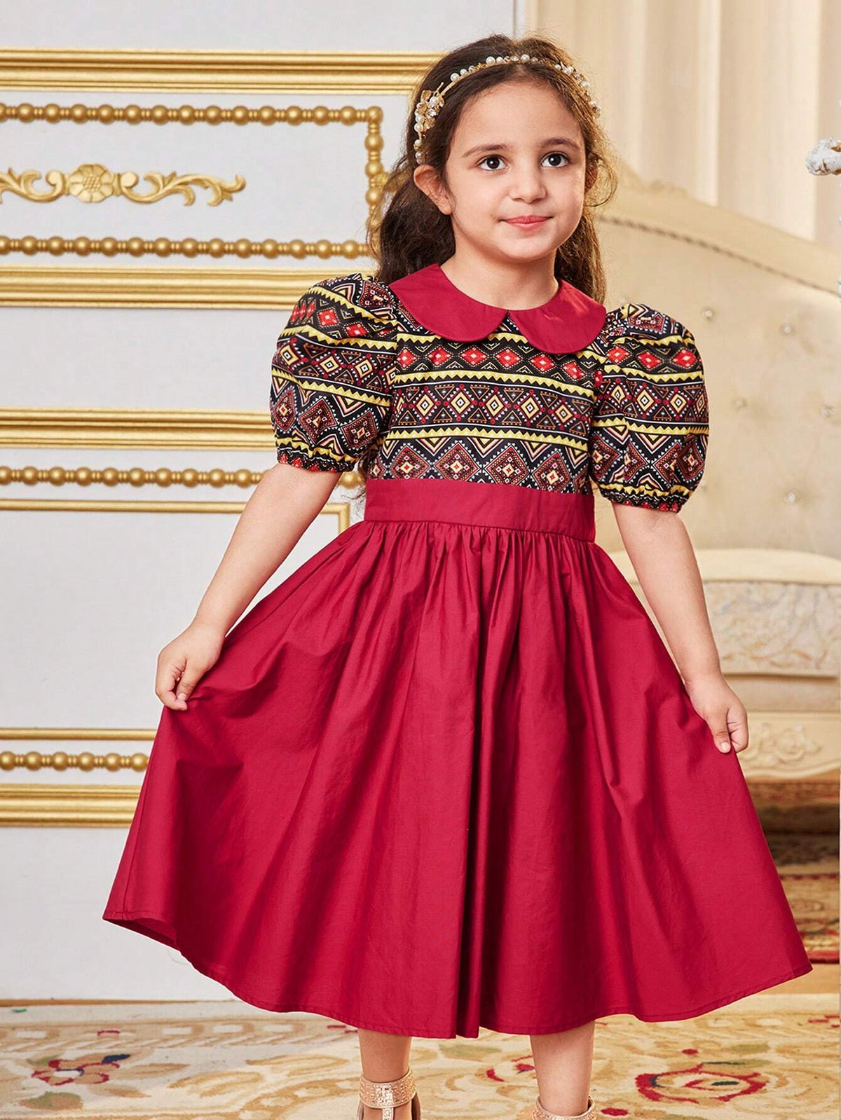Young Girls' Holiday Fashionable Printed Patchwork Doll Collar Puff Sleeve Midi Dress