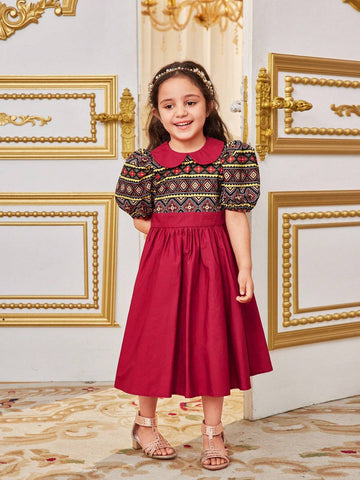 Young Girls' Holiday Fashionable Printed Patchwork Doll Collar Puff Sleeve Midi Dress