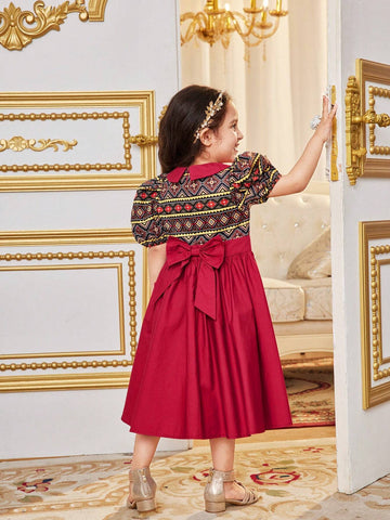 Young Girls' Holiday Fashionable Printed Patchwork Doll Collar Puff Sleeve Midi Dress