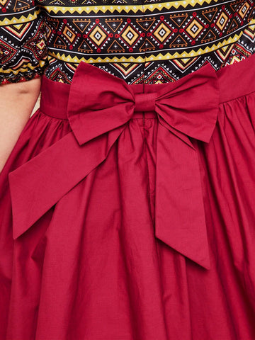 Young Girls' Holiday Fashionable Printed Patchwork Doll Collar Puff Sleeve Midi Dress