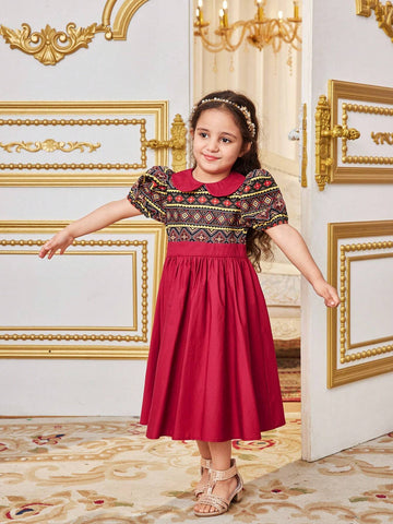 Young Girls' Holiday Fashionable Printed Patchwork Doll Collar Puff Sleeve Midi Dress