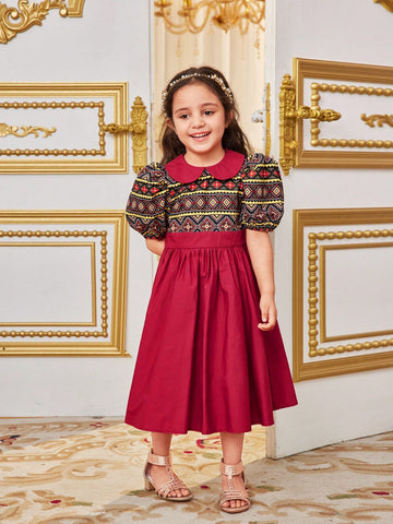 Young Girls' Holiday Fashionable Printed Patchwork Doll Collar Puff Sleeve Midi Dress