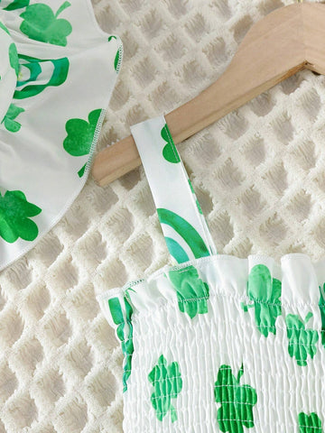 Young Girl's Holiday Style Green Clover Rainbow Pattern Fit & Shirred Cami Dress And Hairband Set, Suitable For St. Patrick's Day Summer Outfit