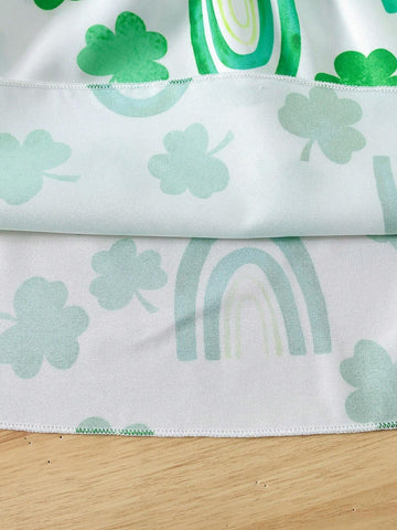 Young Girl's Holiday Style Green Clover Rainbow Pattern Fit & Shirred Cami Dress And Hairband Set, Suitable For St. Patrick's Day Summer Outfit