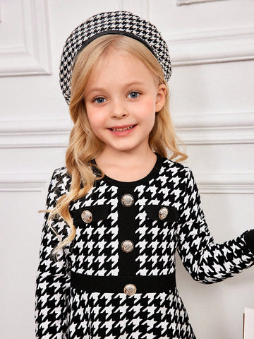 Young Girls Houndstooth Patchwork Button Decor Round Neck Fitted Elegant School Casual Long Sleeve Dress