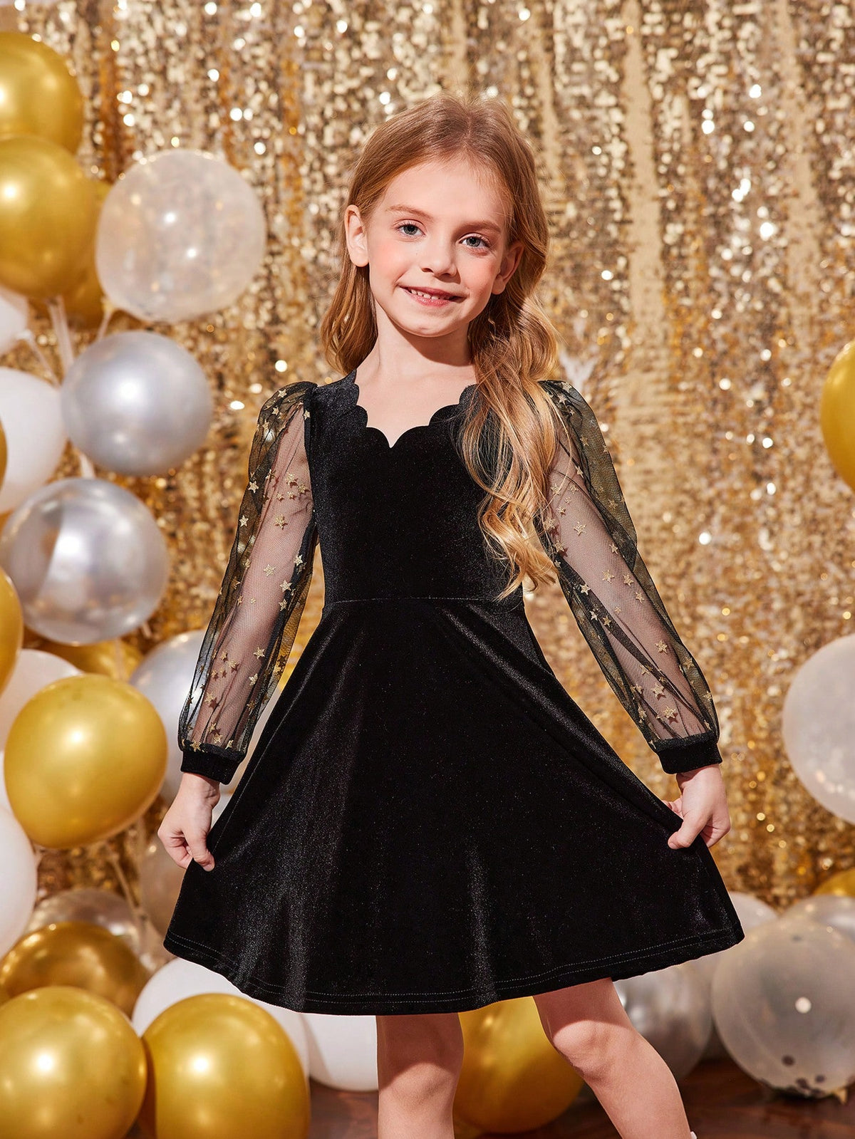 Young Girls' Knit Solid Color Patchwork Woven Beaded Puff Sleeve Bodycon Elegant Dress