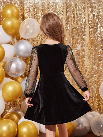 Young Girls' Knit Solid Color Patchwork Woven Beaded Puff Sleeve Bodycon Elegant Dress