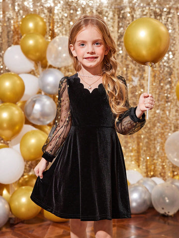 Young Girls' Knit Solid Color Patchwork Woven Beaded Puff Sleeve Bodycon Elegant Dress