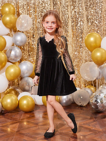Young Girls' Knit Solid Color Patchwork Woven Beaded Puff Sleeve Bodycon Elegant Dress