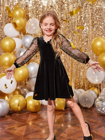 Young Girls' Knit Solid Color Patchwork Woven Beaded Puff Sleeve Bodycon Elegant Dress