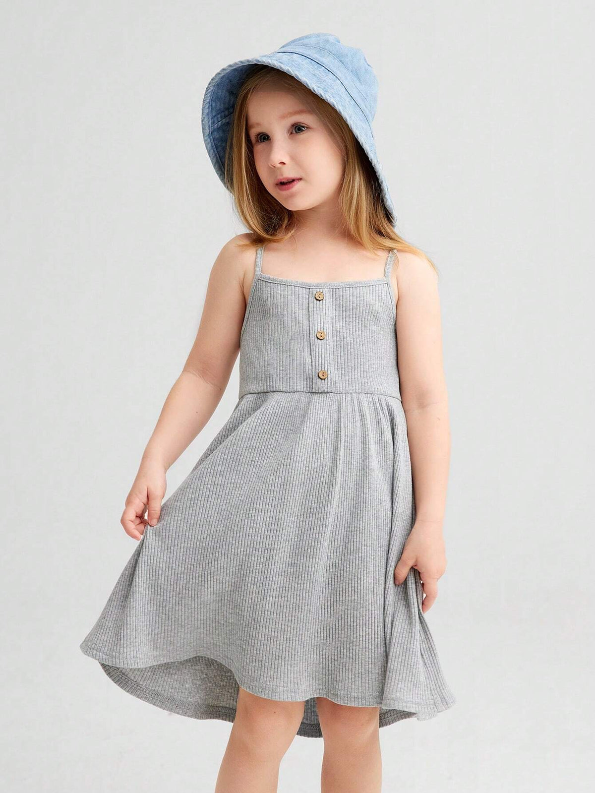 Young Girls' Knitted Loose Fit Button Detail Casual Sundress With Spaghetti Straps