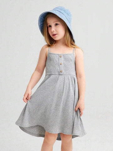 Young Girls' Knitted Loose Fit Button Detail Casual Sundress With Spaghetti Straps