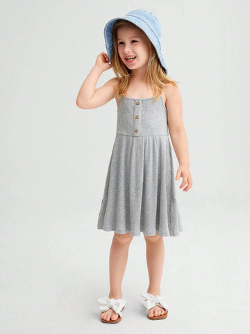 Young Girls' Knitted Loose Fit Button Detail Casual Sundress With Spaghetti Straps