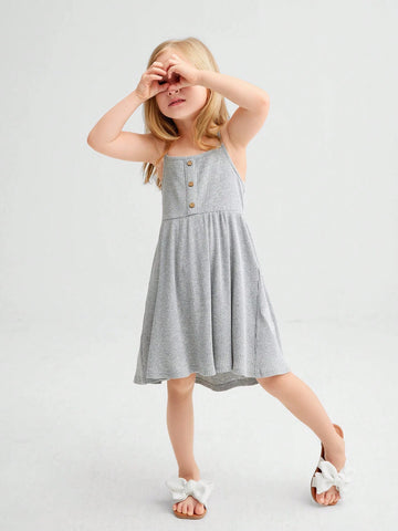 Young Girls' Knitted Loose Fit Button Detail Casual Sundress With Spaghetti Straps