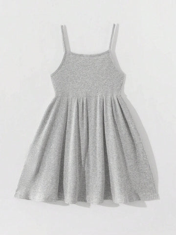 Young Girls' Knitted Loose Fit Button Detail Casual Sundress With Spaghetti Straps