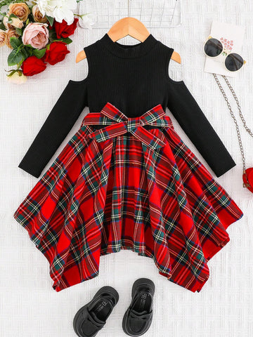 Young Girls Knitted Round Neck Asymmetric Sleeve Top Paired With Asymmetrical Woven Skirt Dress