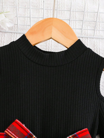 Young Girls Knitted Round Neck Asymmetric Sleeve Top Paired With Asymmetrical Woven Skirt Dress