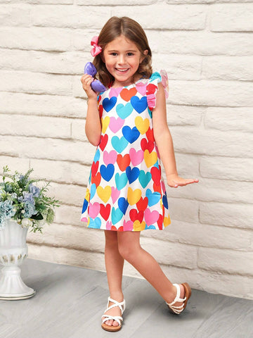 Young Girl's Knitted Round Neck Flying Sleeve Loose Casual Dress With Heart Pattern