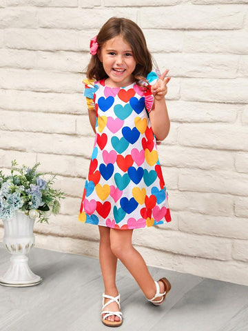 Young Girl's Knitted Round Neck Flying Sleeve Loose Casual Dress With Heart Pattern