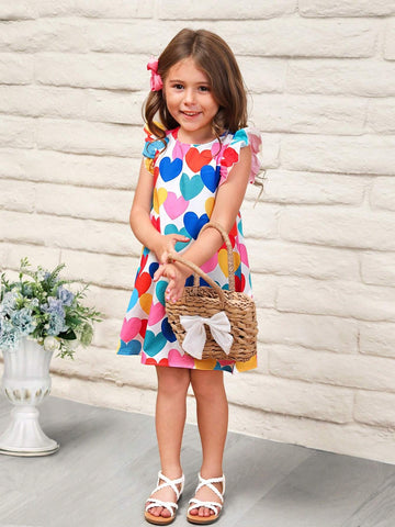 Young Girl's Knitted Round Neck Flying Sleeve Loose Casual Dress With Heart Pattern