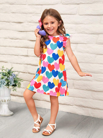Young Girl's Knitted Round Neck Flying Sleeve Loose Casual Dress With Heart Pattern