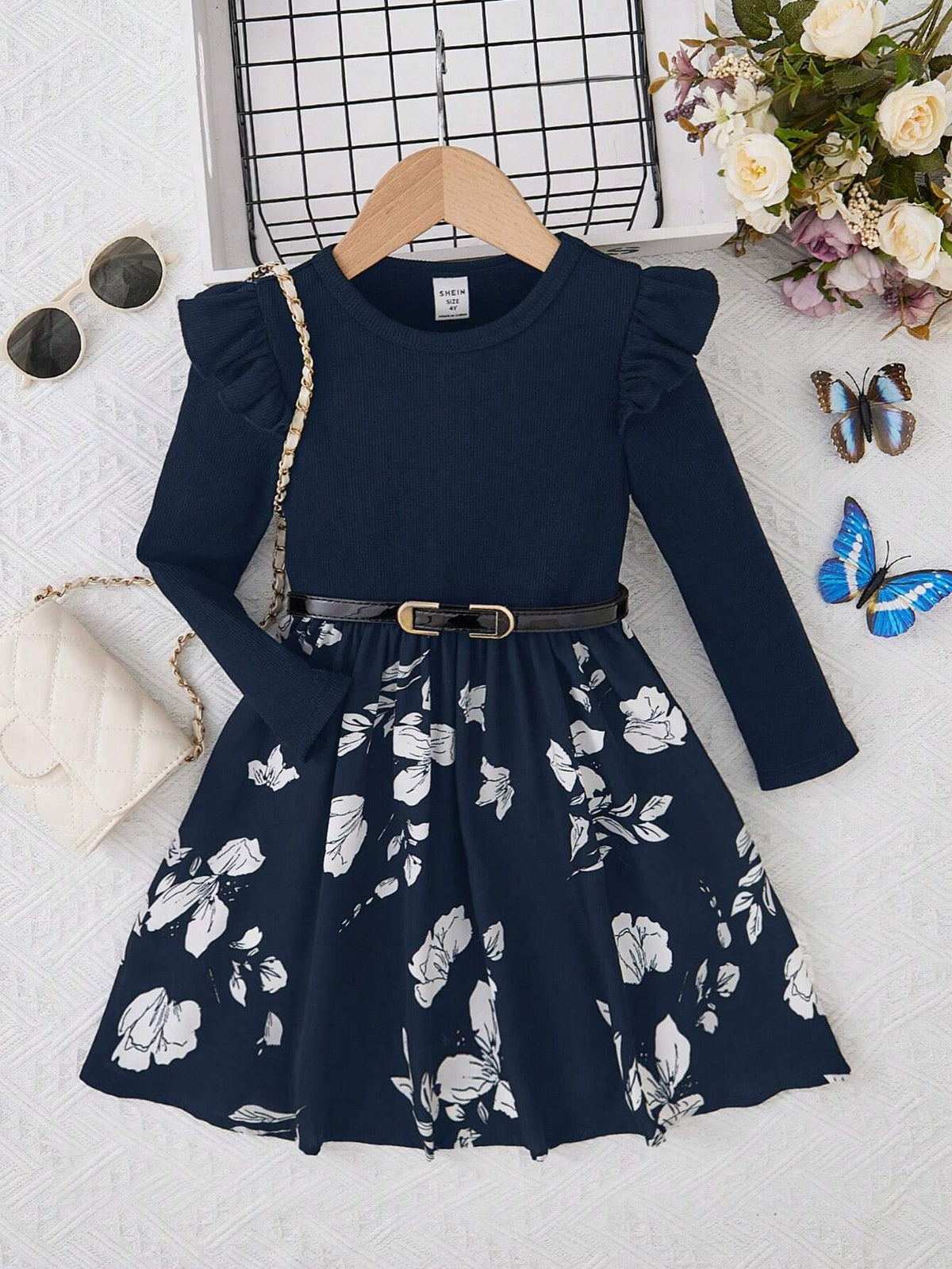Young Girls Knitted Solid Color Butterfly Sleeve Top Matched With Woven Ditsy Floral Dress