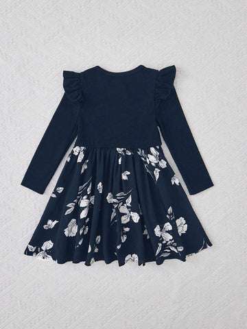 Young Girls Knitted Solid Color Butterfly Sleeve Top Matched With Woven Ditsy Floral Dress