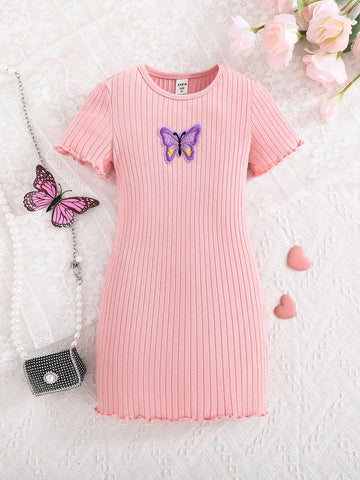 Young Girls Knitted Solid Color Round Neck Butterfly Pattern Fitted Casual Dress