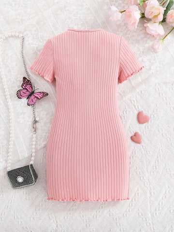 Young Girls Knitted Solid Color Round Neck Butterfly Pattern Fitted Casual Dress