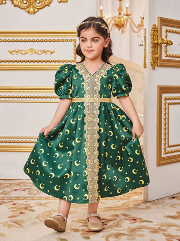 Young Girl's Long Puff Sleeved Dress With Moon Print And Ribbon Decoration, Mid-Length