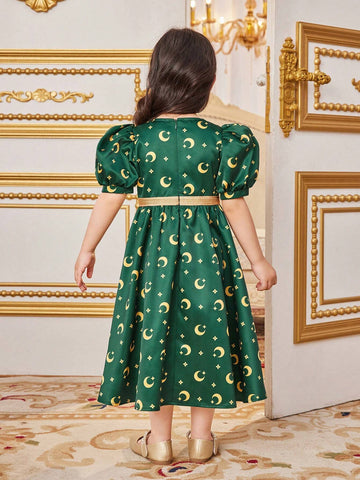 Young Girl's Long Puff Sleeved Dress With Moon Print And Ribbon Decoration, Mid-Length