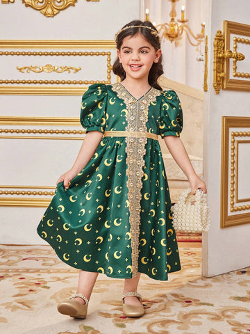 Young Girl's Long Puff Sleeved Dress With Moon Print And Ribbon Decoration, Mid-Length