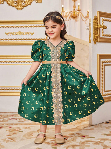 Young Girl's Long Puff Sleeved Dress With Moon Print And Ribbon Decoration, Mid-Length