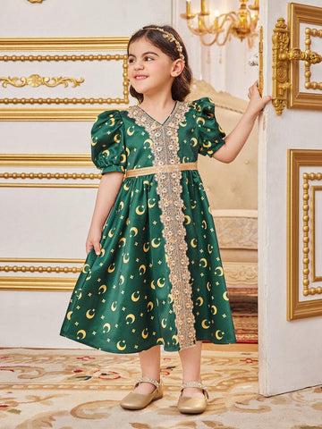 Young Girl's Long Puff Sleeved Dress With Moon Print And Ribbon Decoration, Mid-Length