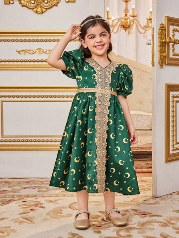 Young Girl's Long Puff Sleeved Dress With Moon Print And Ribbon Decoration, Mid-Length