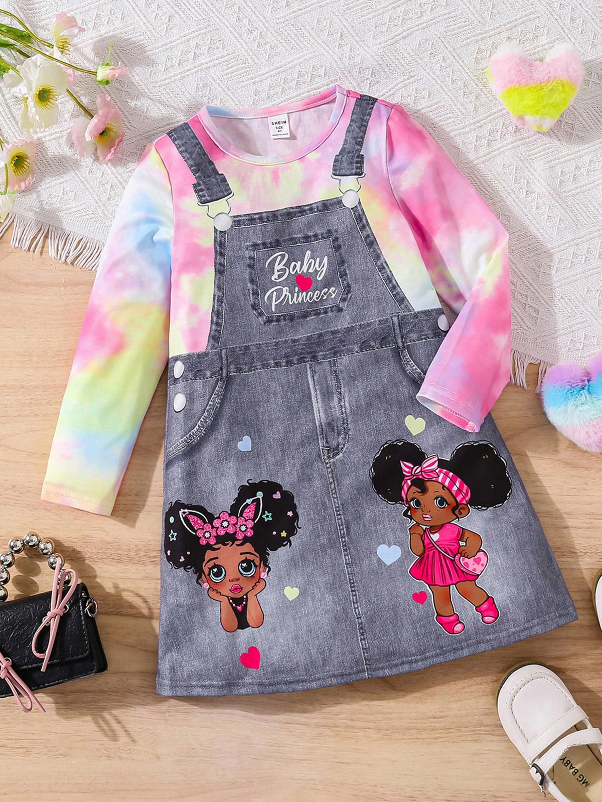 Young Girls Long Sleeve Casual Two-Piece Look Non-Denim Printed Dress