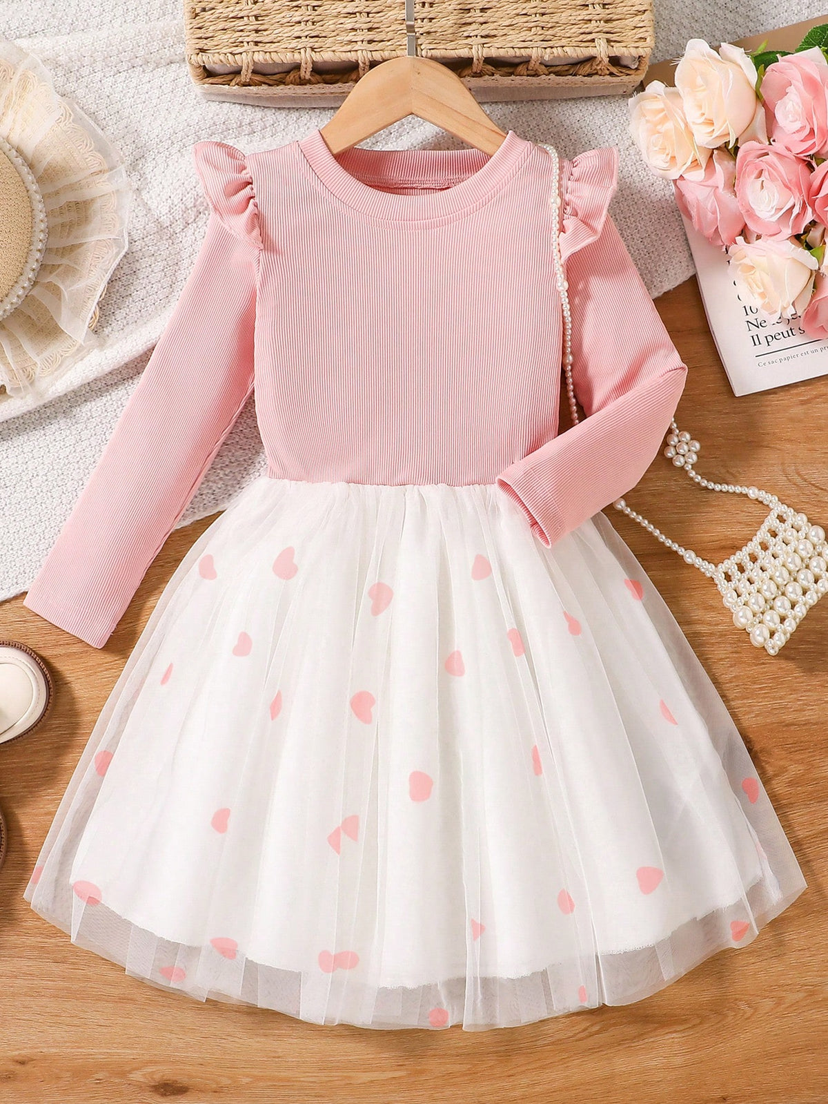 Young Girls Long Sleeve Solid Color Casual & Fashionable Daily Wear Flared Mesh Dress