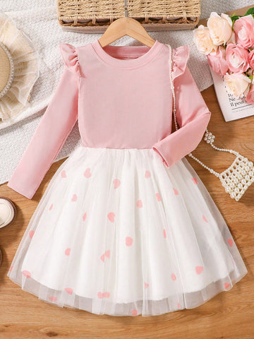 Young Girls Long Sleeve Solid Color Casual & Fashionable Daily Wear Flared Mesh Dress