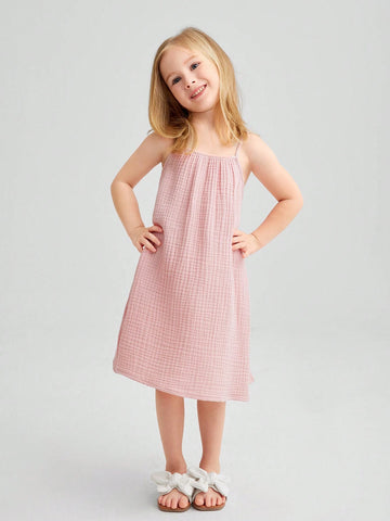 Young Girls' Loose Casual A-Line Woven Pleated Spaghetti Strap Dress