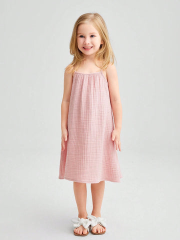 Young Girls' Loose Casual A-Line Woven Pleated Spaghetti Strap Dress