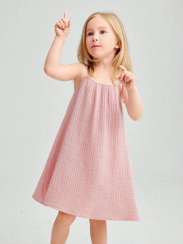 Young Girls' Loose Casual A-Line Woven Pleated Spaghetti Strap Dress