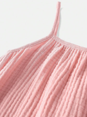 Young Girls' Loose Casual A-Line Woven Pleated Spaghetti Strap Dress
