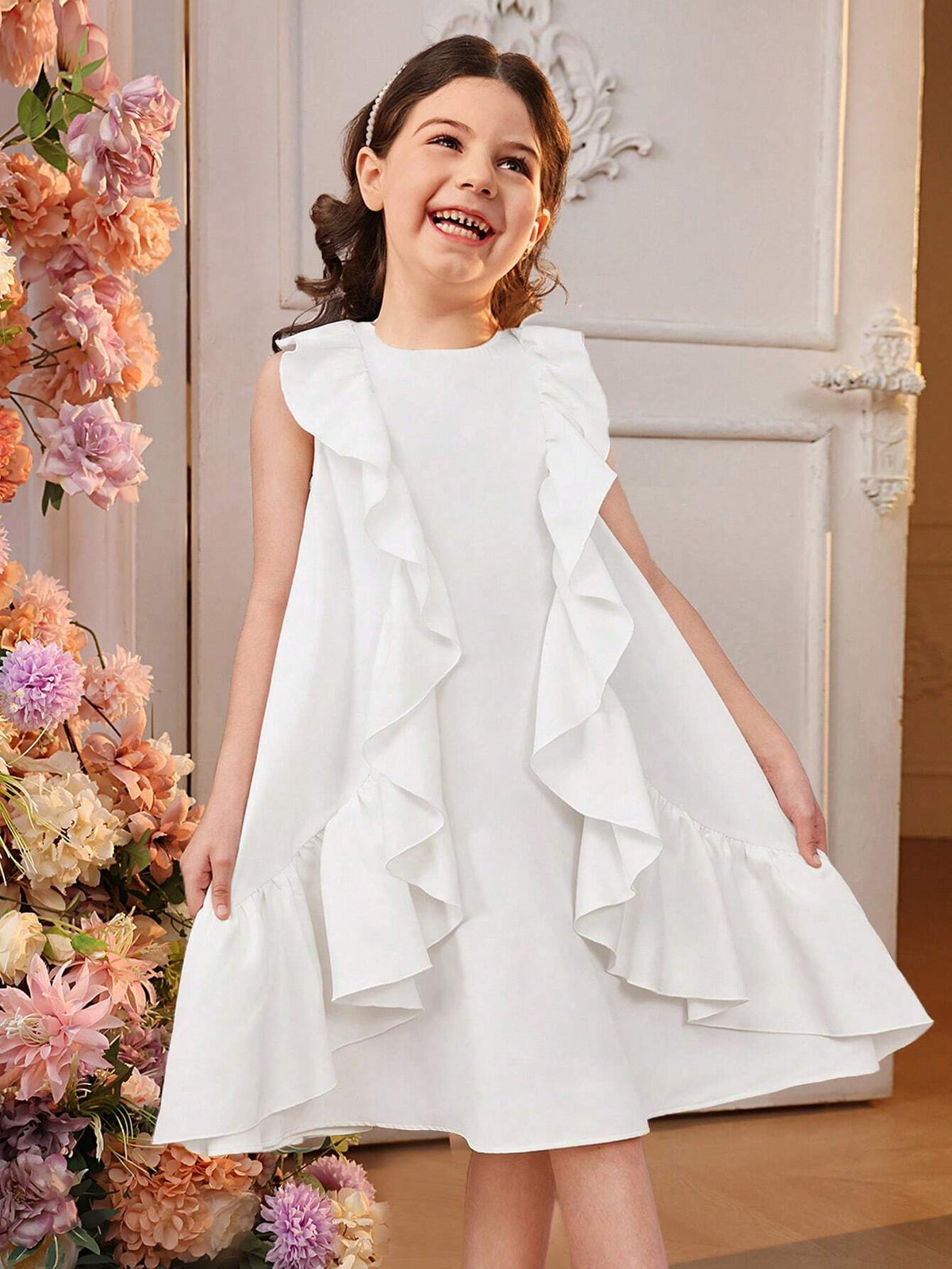 Young Girls' Loose Cute Round Neck Style Irregular Ruffled A-Line Dress With Irregular Pleated Hem